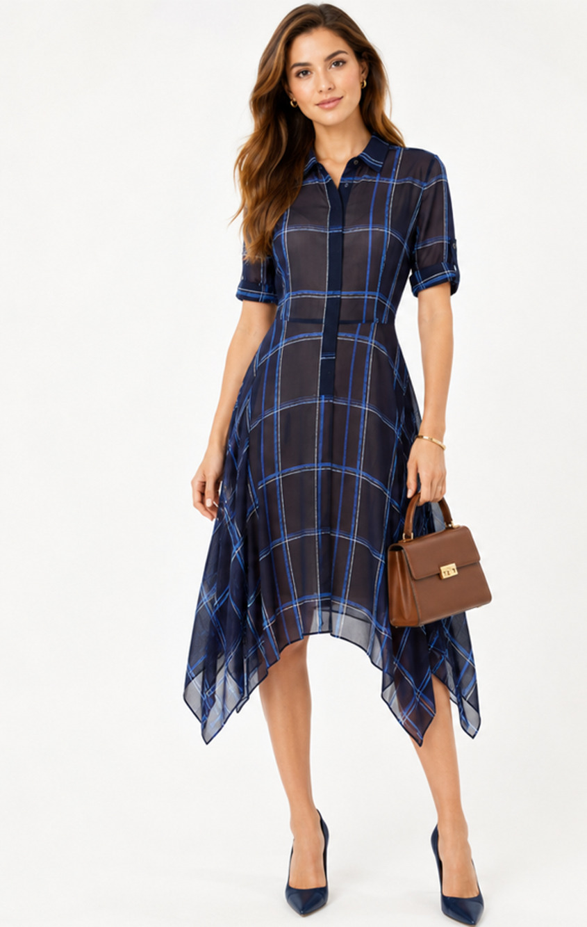 BCBGMAXAZRIA Beatryce 100% Silk Plaid Asymmetric Shirt Dress Size M Y2K Preppy